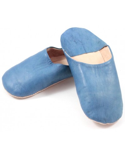 Babouche d int rieur bout rond en cuir marocain bleu